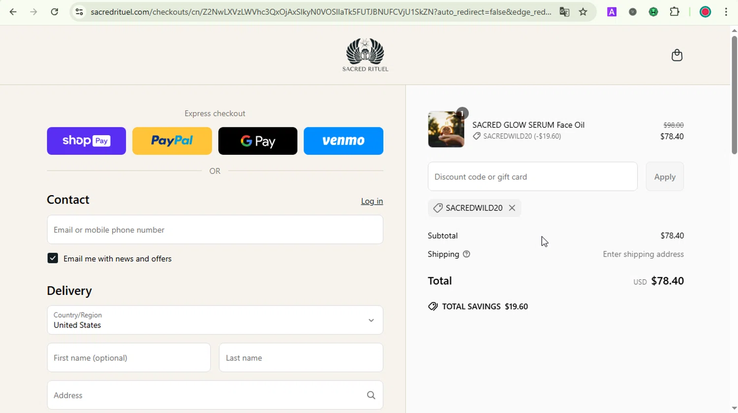 Sacred Rituel Beauty promo code screenshot showing code SACREDWILD20 applied at Sacred Rituel Beauty checkout page. Uploaded by SimplyCodes community member LOVECOUPON on Jun 18, 2025