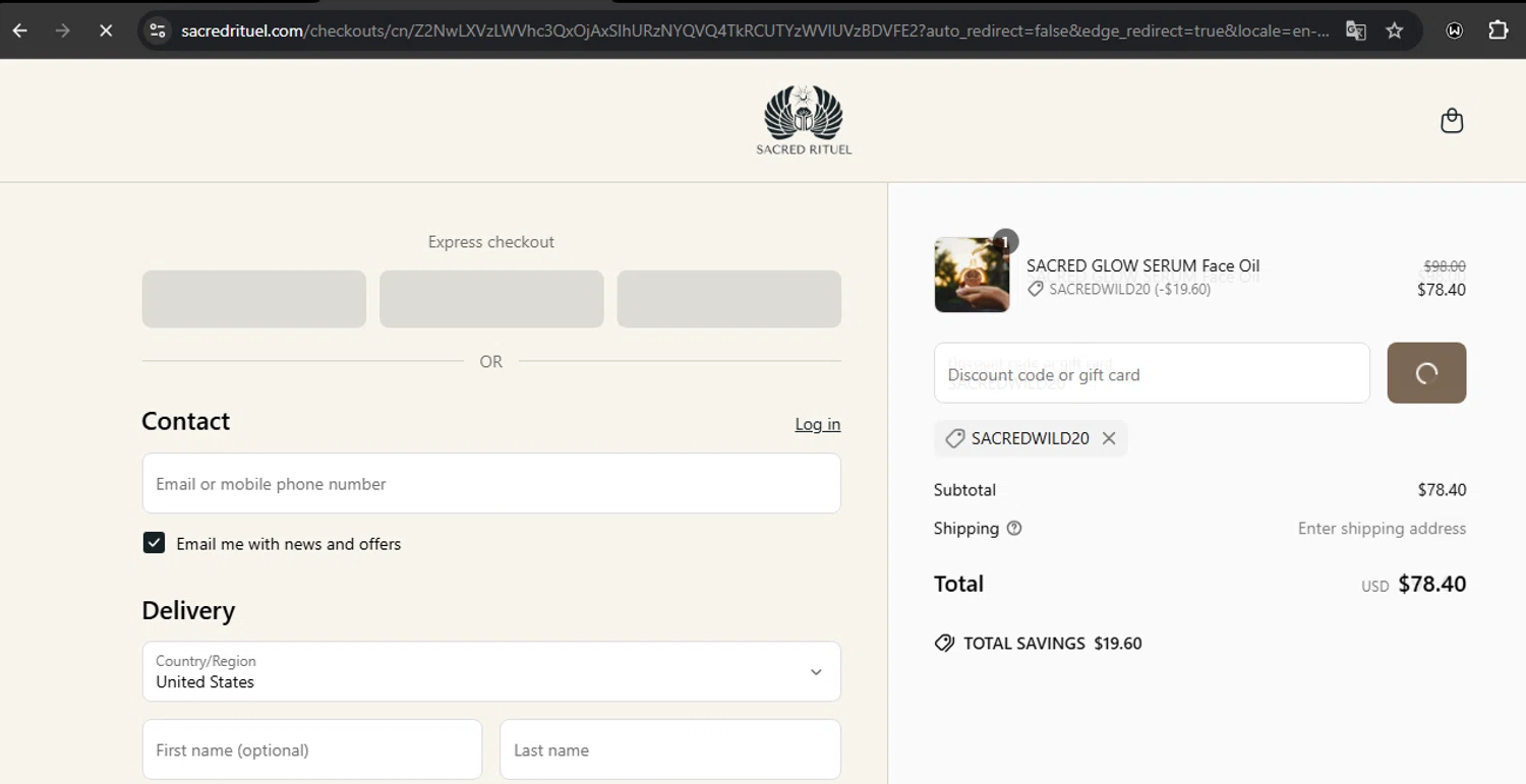 Sacred Rituel Beauty promo code screenshot showing code SACREDWILD20 applied at Sacred Rituel Beauty checkout page. Uploaded by SimplyCodes community member RoyalSpotter5217 on Jun 15, 2025