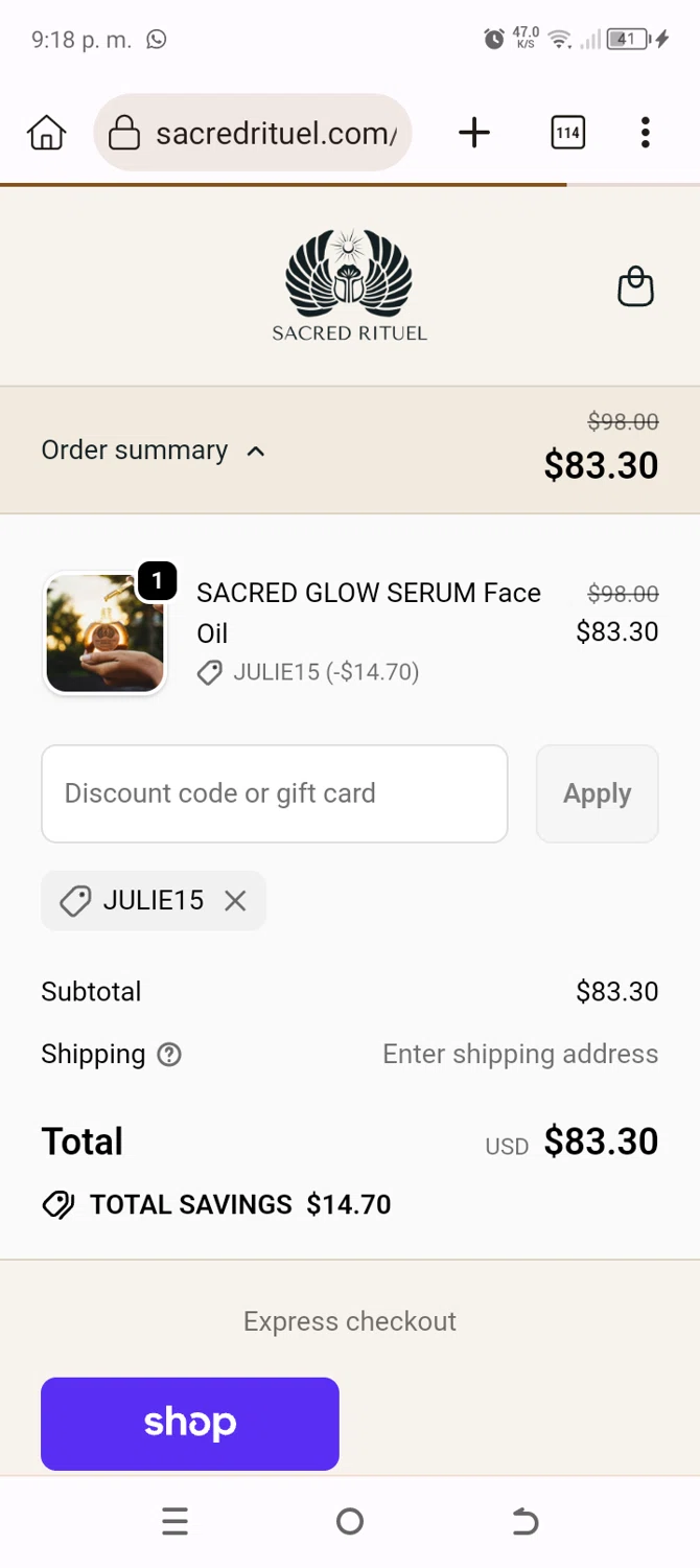 Sacred Rituel Beauty promo code screenshot showing code JULIE15 applied at Sacred Rituel Beauty checkout page. Uploaded by SimplyCodes community member BonusChaser4306 on Sep 25, 2025