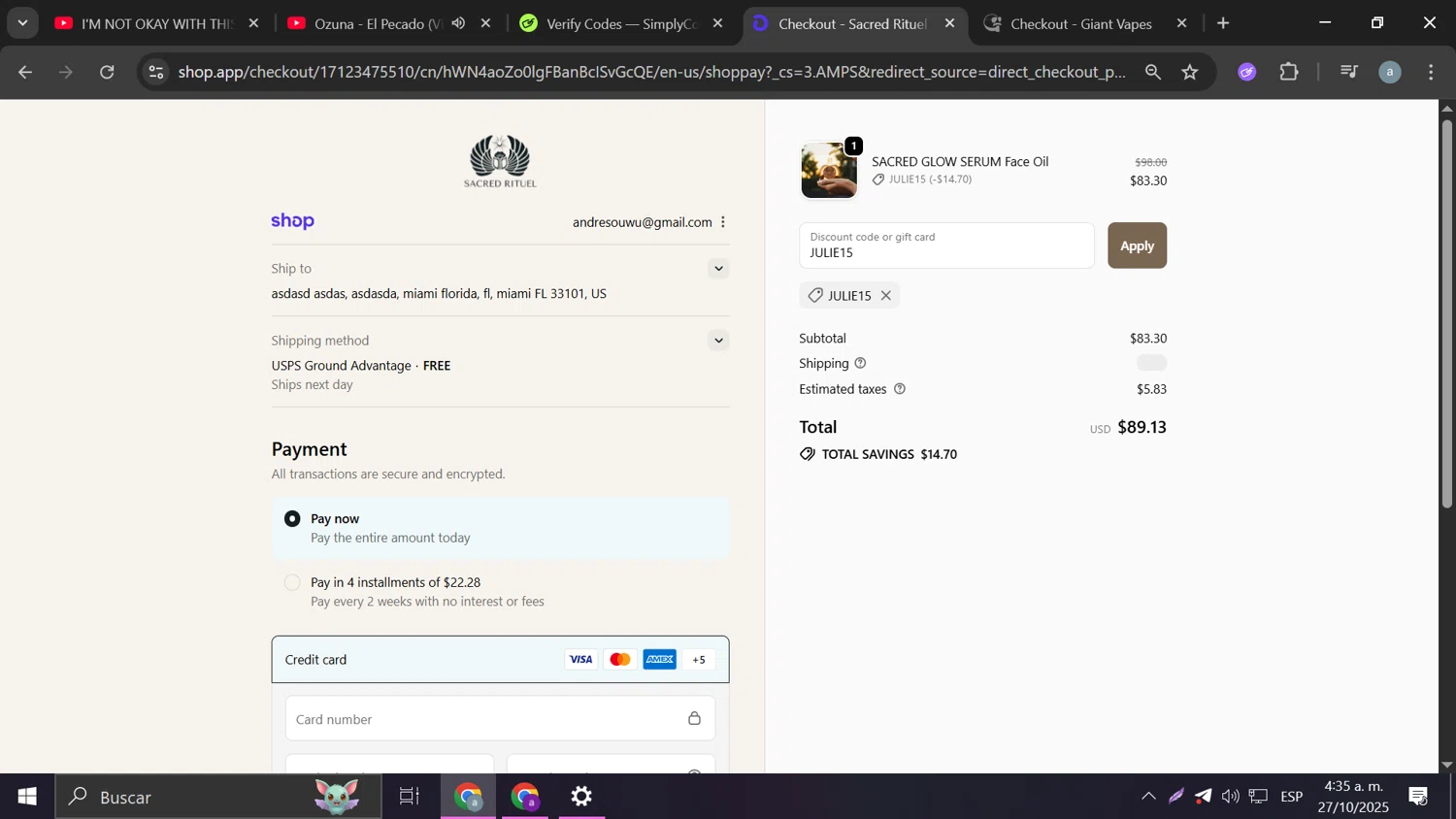 Sacred Rituel Beauty promo code screenshot showing code JULIE15 applied at Sacred Rituel Beauty checkout page. Uploaded by SimplyCodes community member Frizk_1 on Oct 27, 2025