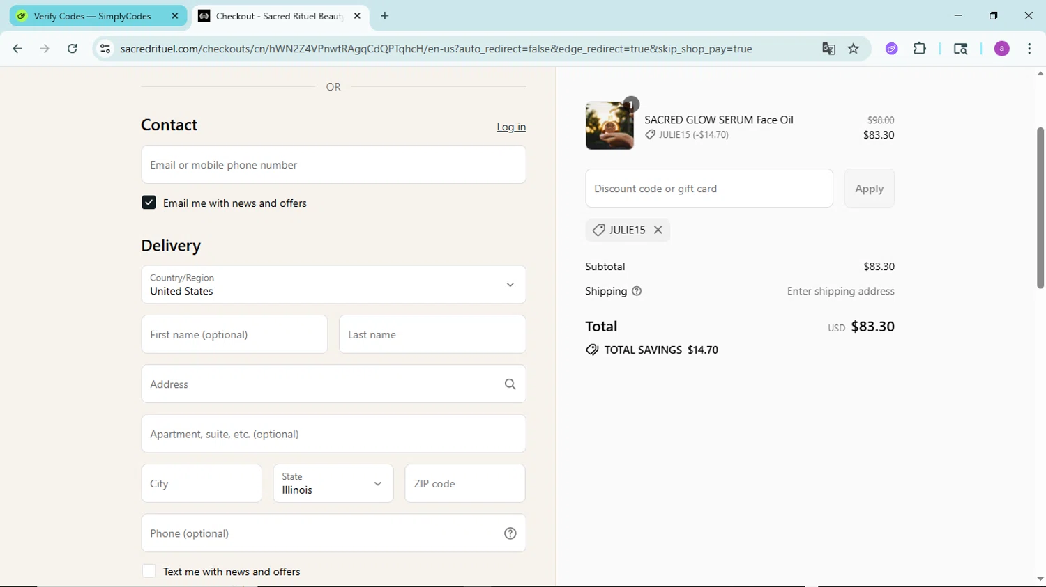 Sacred Rituel Beauty promo code screenshot showing code JULIE15 applied at Sacred Rituel Beauty checkout page. Uploaded by SimplyCodes community member PennyBoss9589 on Sep 3, 2025