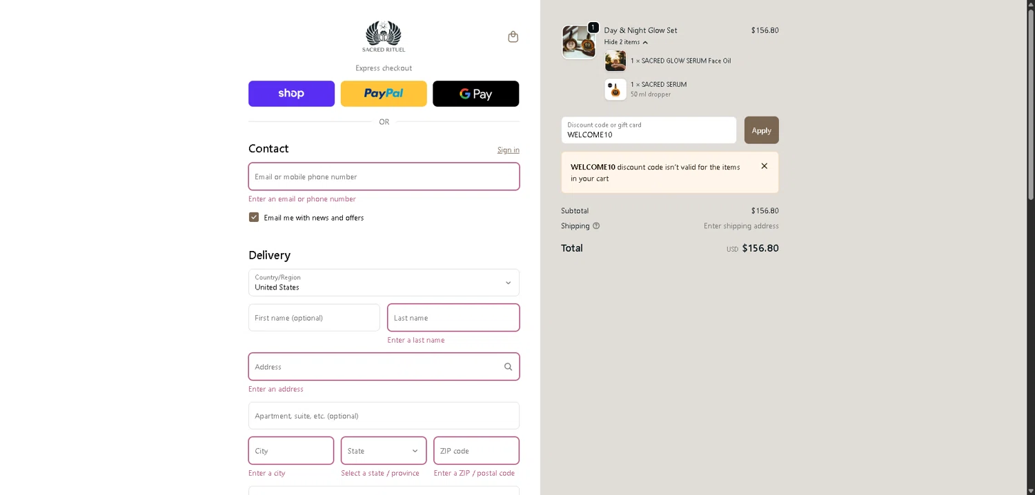 Sacred Rituel Beauty promo code screenshot showing code WELCOME10 applied at Sacred Rituel Beauty checkout page. Uploaded by SimplyCodes community member CleverLynx8583 on Dec 16, 2025