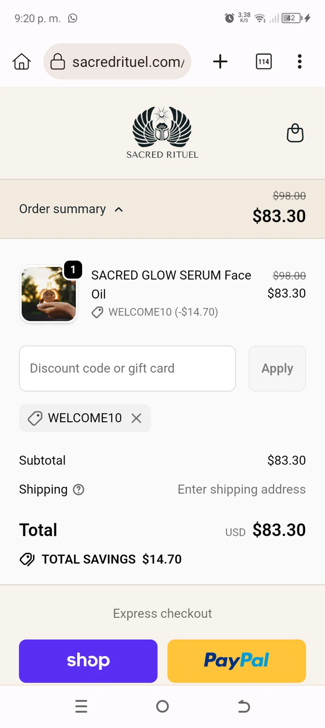 Sacred Rituel Beauty promo code screenshot showing code WELCOME10 applied at Sacred Rituel Beauty checkout page. Uploaded by SimplyCodes community member BonusChaser4306 on Sep 25, 2025