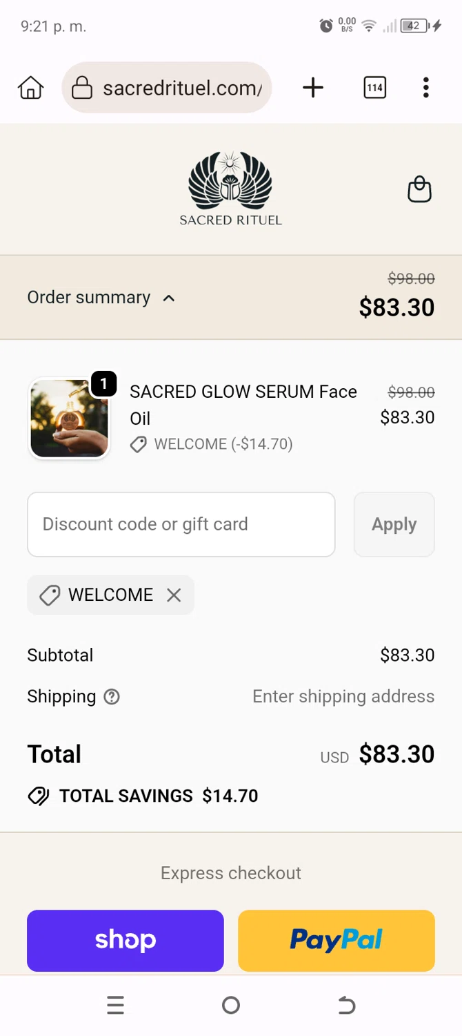 Sacred Rituel Beauty promo code screenshot showing code WELCOME applied at Sacred Rituel Beauty checkout page. Uploaded by SimplyCodes community member BonusChaser4306 on Sep 25, 2025
