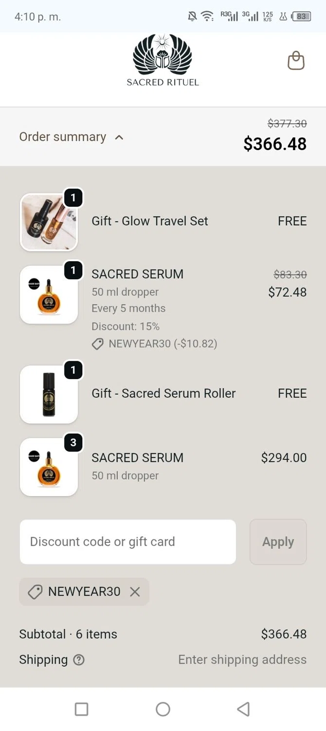Sacred Rituel Beauty promo code screenshot showing code Newyear30 applied at Sacred Rituel Beauty checkout page. Uploaded by SimplyCodes community member shark12 on Dec 27, 2025