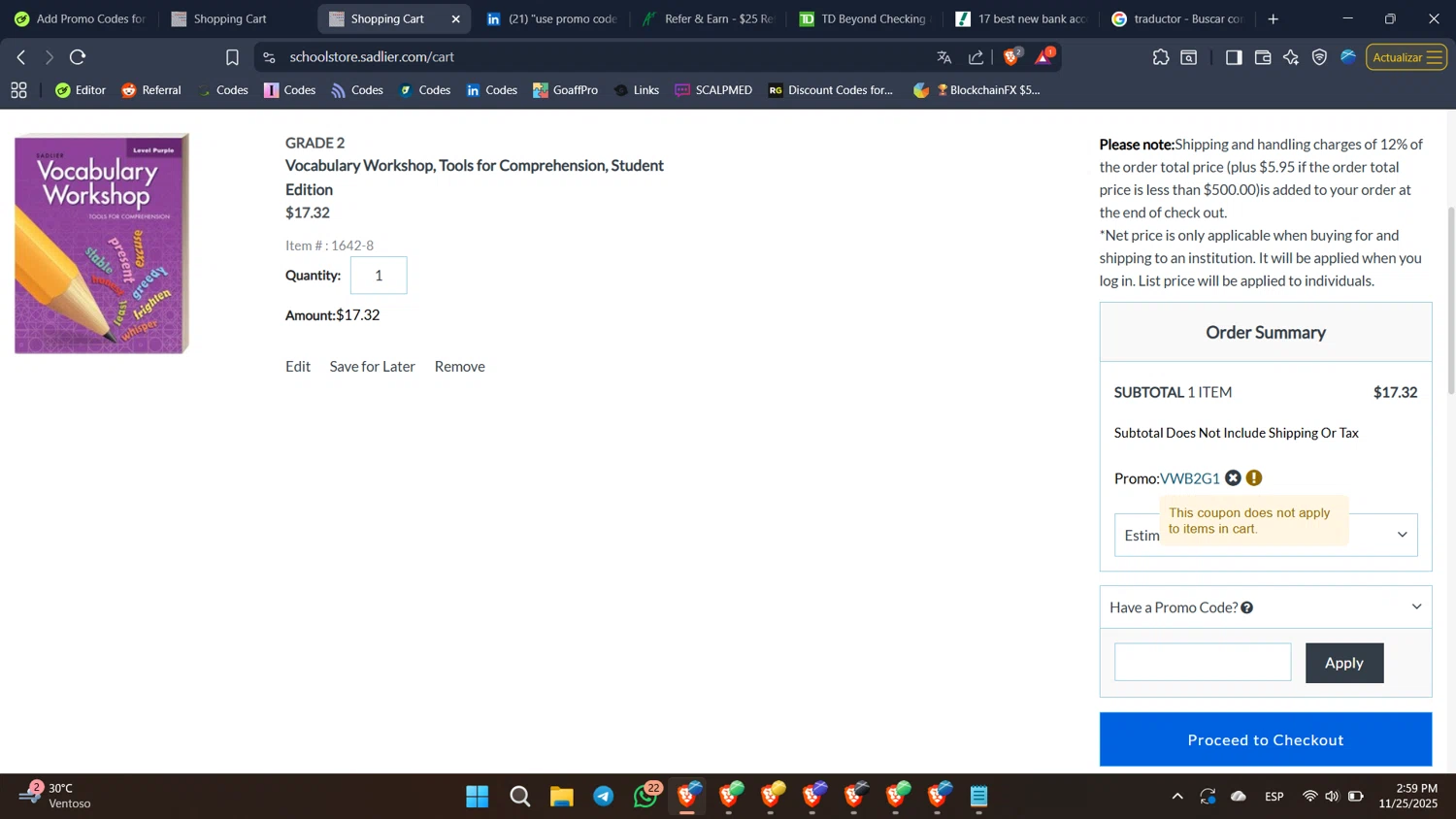 Sadlier School promo code screenshot showing code VWB2G1 applied at Sadlier School checkout page. Uploaded by SimplyCodes community member BabaYaga on Nov 25, 2025