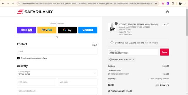 Safariland checkout page showing Safariland discount code box | Screenshot taken by SimplyCodes community member on Feb 18, 2025