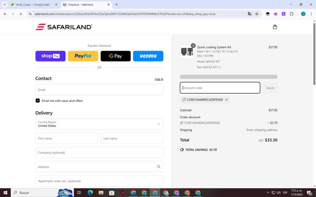 Safariland checkout page showing Safariland discount code box | Screenshot taken by SimplyCodes community member on Mar 17, 2025