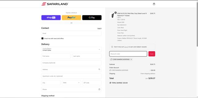 Safariland checkout page showing Safariland discount code box | Screenshot taken by SimplyCodes community member on Mar 17, 2025
