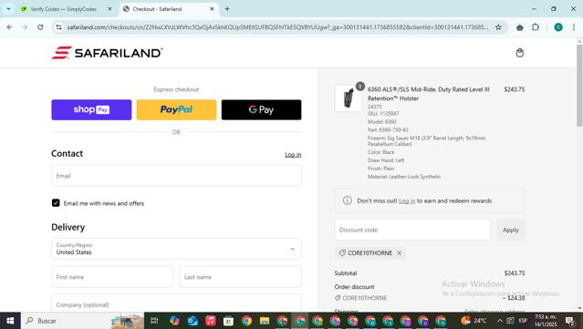 Safariland checkout page showing Safariland discount code box | Screenshot taken by SimplyCodes community member on Jan 14, 2025