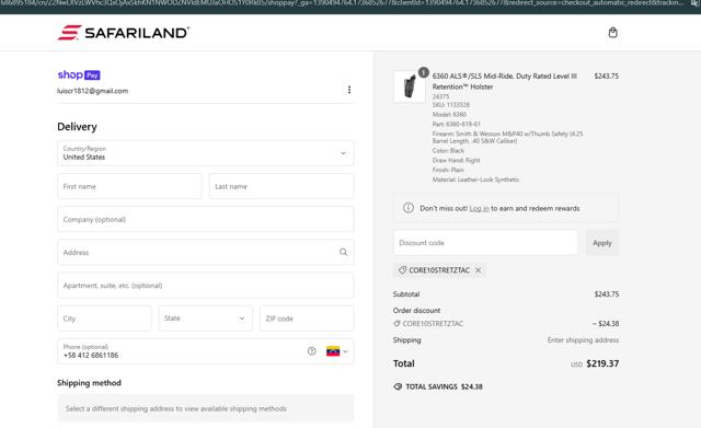 Safariland checkout page showing Safariland discount code box | Screenshot taken by SimplyCodes community member on Jan 14, 2025