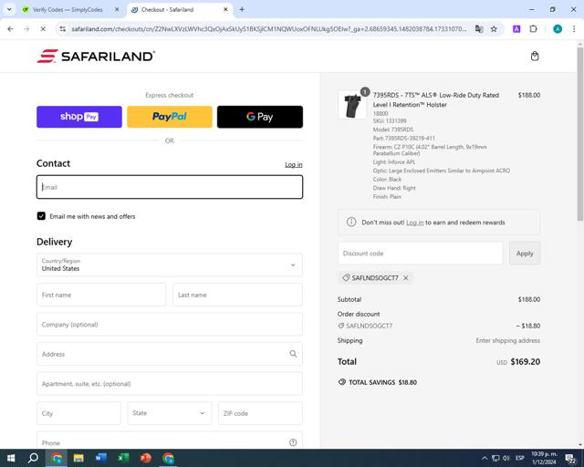 Safariland checkout page showing Safariland discount code box | Screenshot taken by SimplyCodes community member on Dec 2, 2024