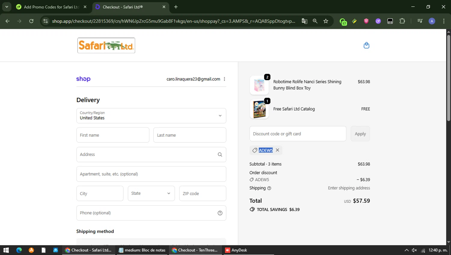 Safari Ltd discount code screenshot showing code ADEW5 applied at Safari Ltd checkout page. Uploaded by SimplyCodes community member Carolina23 on Jan 6, 2026