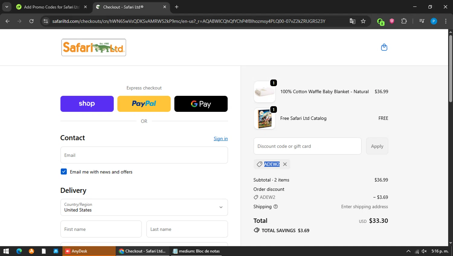 Safari Ltd discount code screenshot showing code ADEW2 applied at Safari Ltd checkout page. Uploaded by SimplyCodes community member MAVESA on Dec 23, 2025