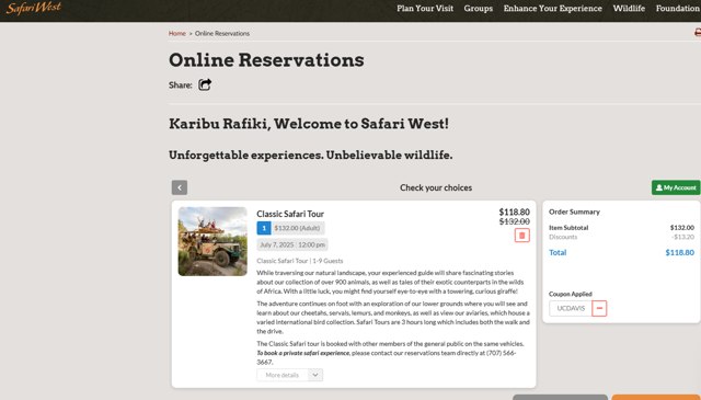 Safari West checkout page showing Safari West promo code box | Screenshot taken by SimplyCodes community member on Jul 7, 2025