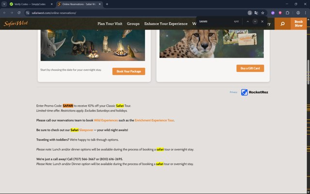 Safari West checkout page showing Safari West promo code box | Screenshot taken by SimplyCodes community member on Aug 16, 2025