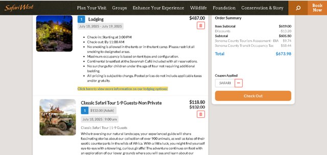 Safari West checkout page showing Safari West promo code box | Screenshot taken by SimplyCodes community member on Jul 18, 2025