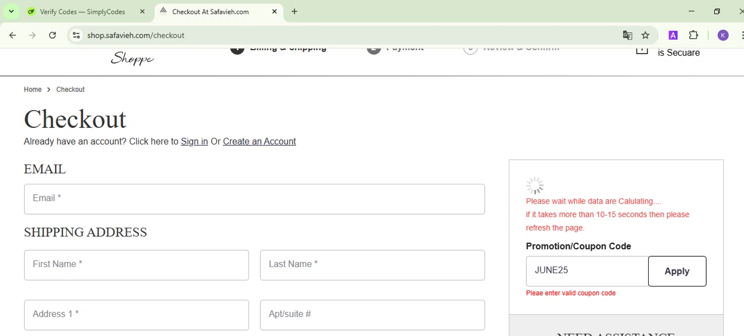 Safavieh promo code screenshot showing code JUNE25 applied at Safavieh checkout page. Uploaded by SimplyCodes community member FortunateDefender3676 on Mar 13, 2025