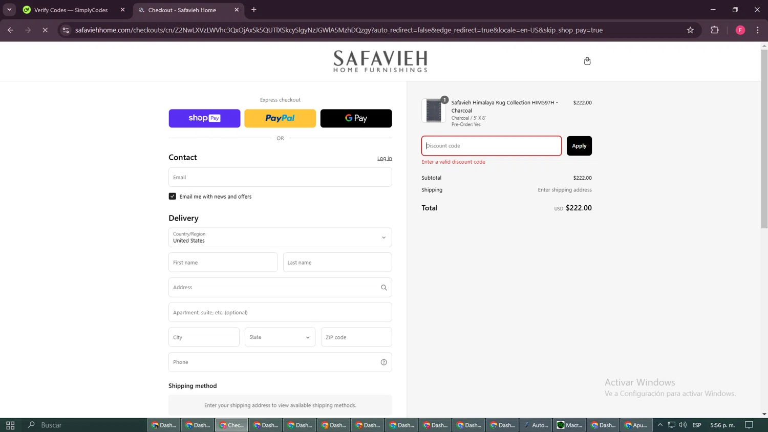 Safavieh promo code screenshot showing code FALL15 applied at Safavieh checkout page. Uploaded by SimplyCodes community member Burbuja on Mar 6, 2025