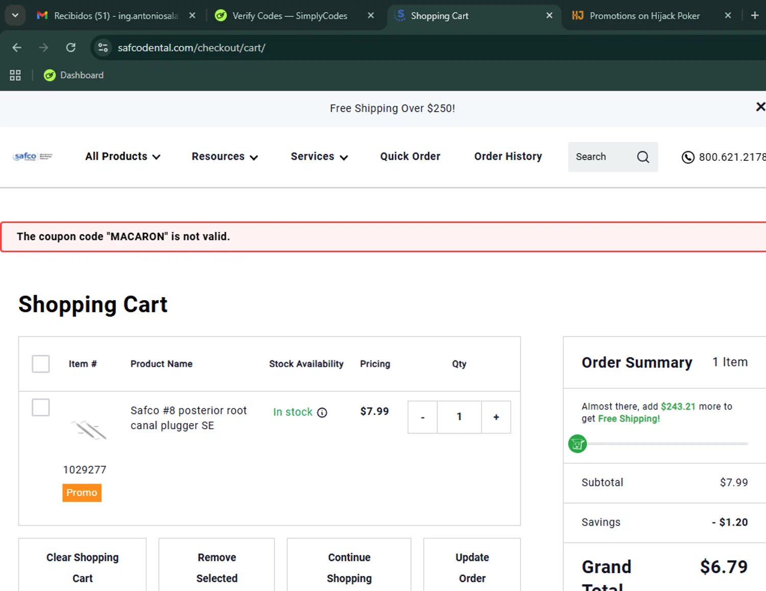 Safco Dental Supply promo code screenshot showing code MACARON applied at Safco Dental Supply checkout page. Uploaded by SimplyCodes community member BargainPhoenix231 on Oct 16, 2025