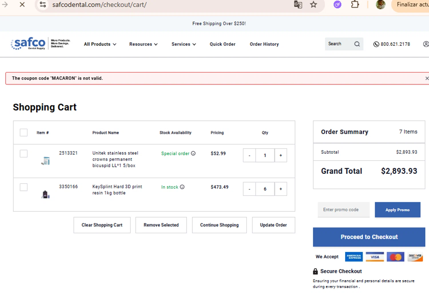 Safco Dental Supply promo code screenshot showing code MACARON applied at Safco Dental Supply checkout page. Uploaded by SimplyCodes community member BudgetLion5814 on Oct 16, 2025