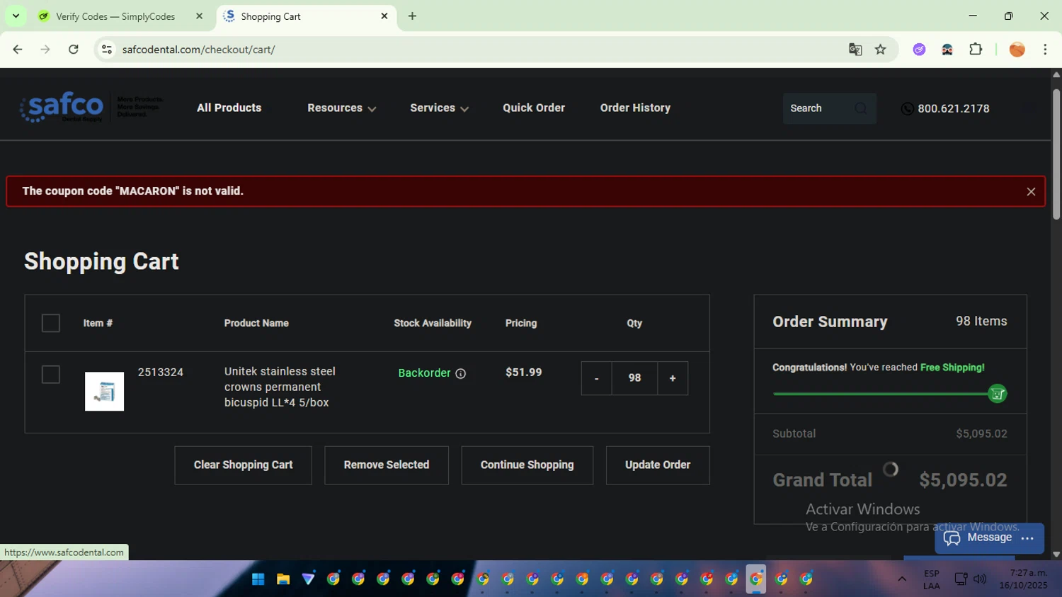 Safco Dental Supply promo code screenshot showing code MACARON applied at Safco Dental Supply checkout page. Uploaded by SimplyCodes community member TreasureSentinel5290 on Oct 16, 2025