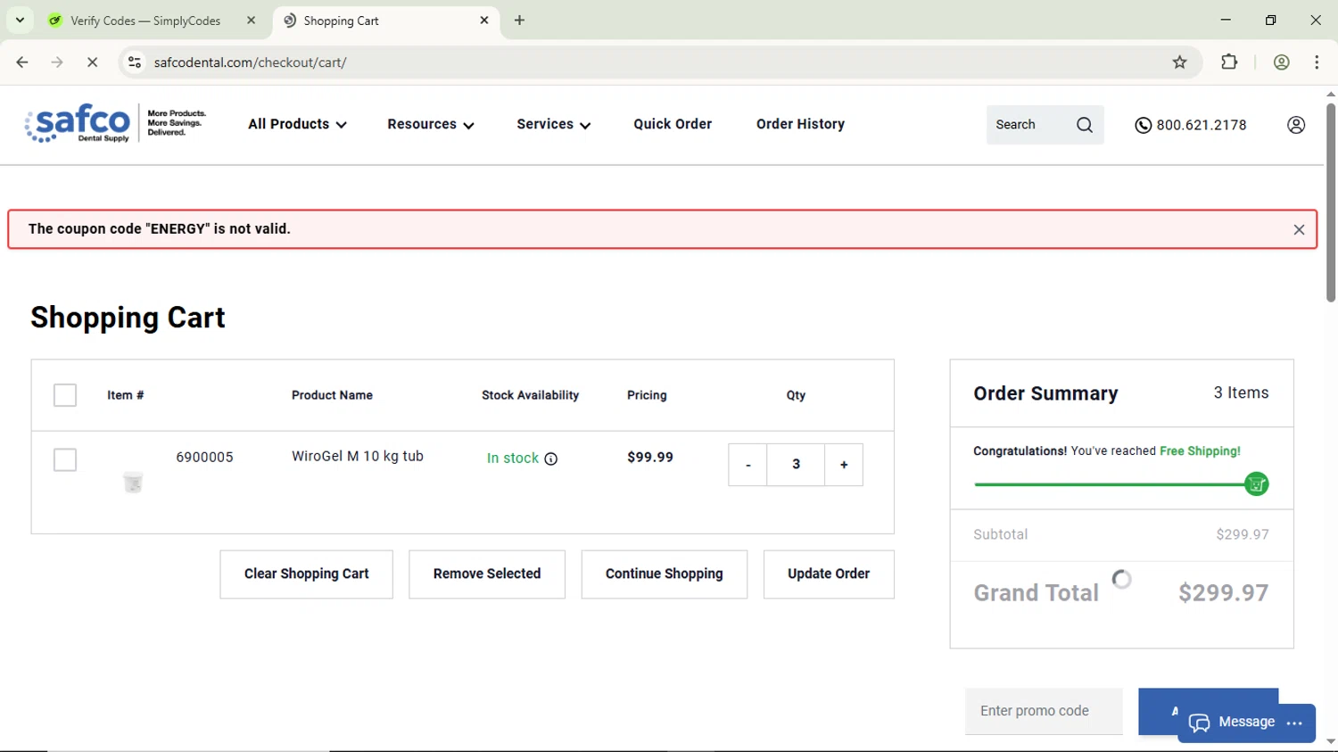 Safco Dental Supply promo code screenshot showing code ENERGY applied at Safco Dental Supply checkout page. Uploaded by SimplyCodes community member ScanPhoenix3549 on Nov 30, 2025
