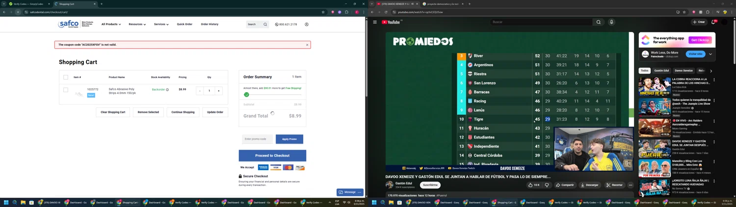 Safco Dental Supply promo code screenshot showing code AC2025XFGV applied at Safco Dental Supply checkout page. Uploaded by SimplyCodes community member ExtraordinaryVirtuoso281 on Nov 3, 2025
