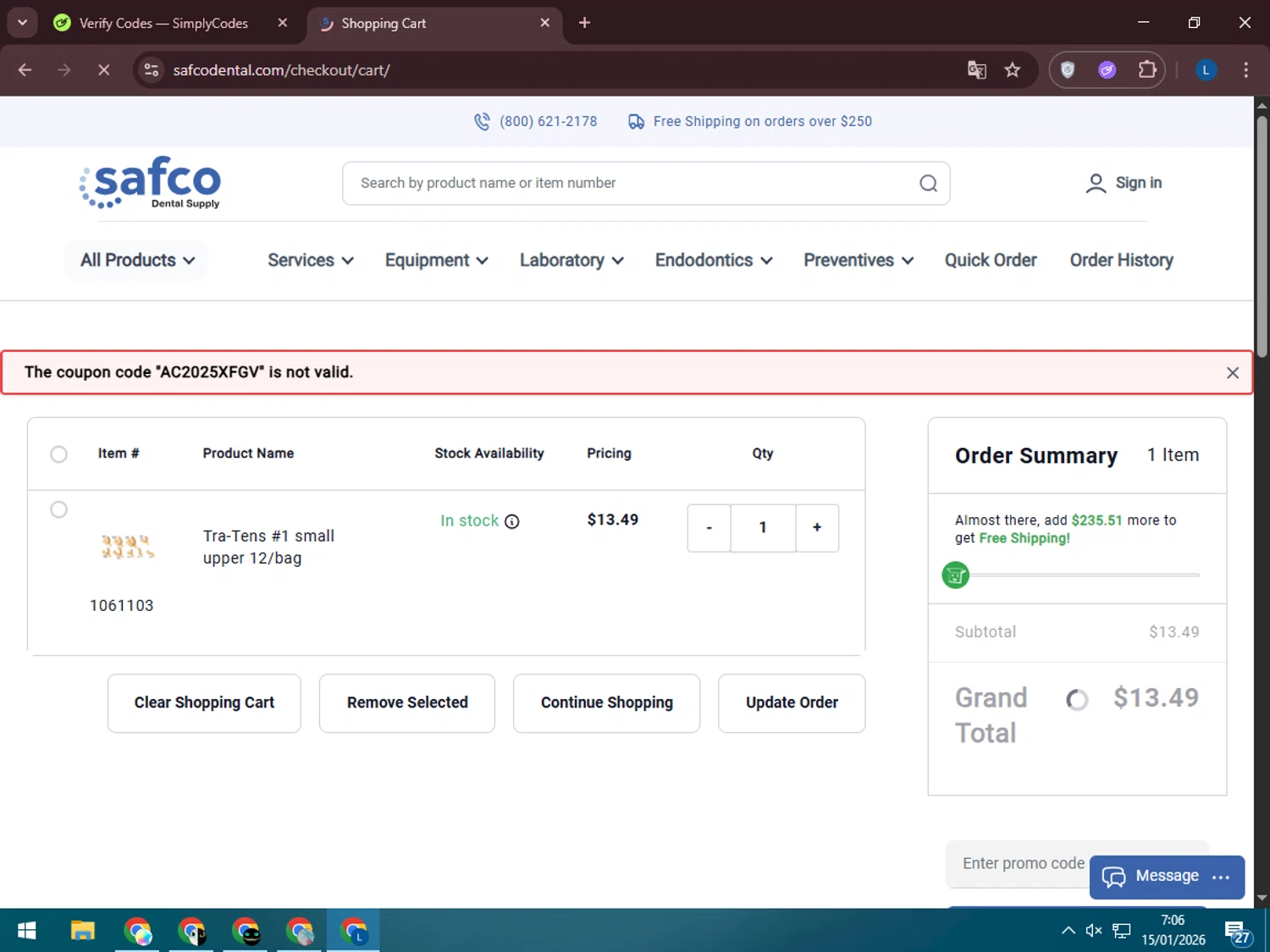 Safco Dental Supply promo code screenshot showing code AC2025XFGV applied at Safco Dental Supply checkout page. Uploaded by SimplyCodes community member LegendaryLegend5536 on Jan 15, 2026