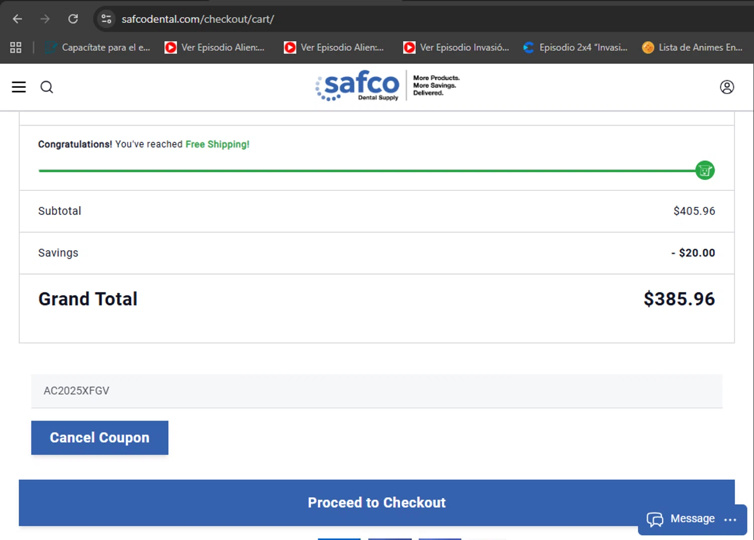 Safco Dental Supply promo code screenshot showing code AC2025XFGV applied at Safco Dental Supply checkout page. Uploaded by SimplyCodes community member eduardolopez on Nov 3, 2025