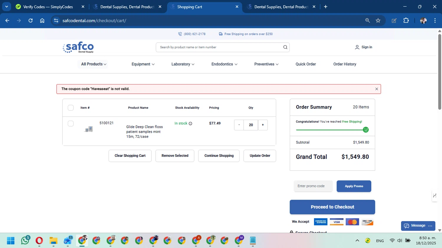 Safco Dental Supply promo code screenshot showing code Haveaseat applied at Safco Dental Supply checkout page. Uploaded by SimplyCodes community member DavidMGF on Dec 18, 2025