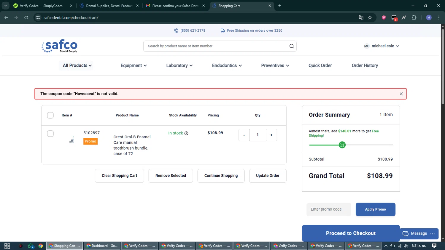 Safco Dental Supply promo code screenshot showing code Haveaseat applied at Safco Dental Supply checkout page. Uploaded by SimplyCodes community member VoucherCurator824 on Dec 18, 2025
