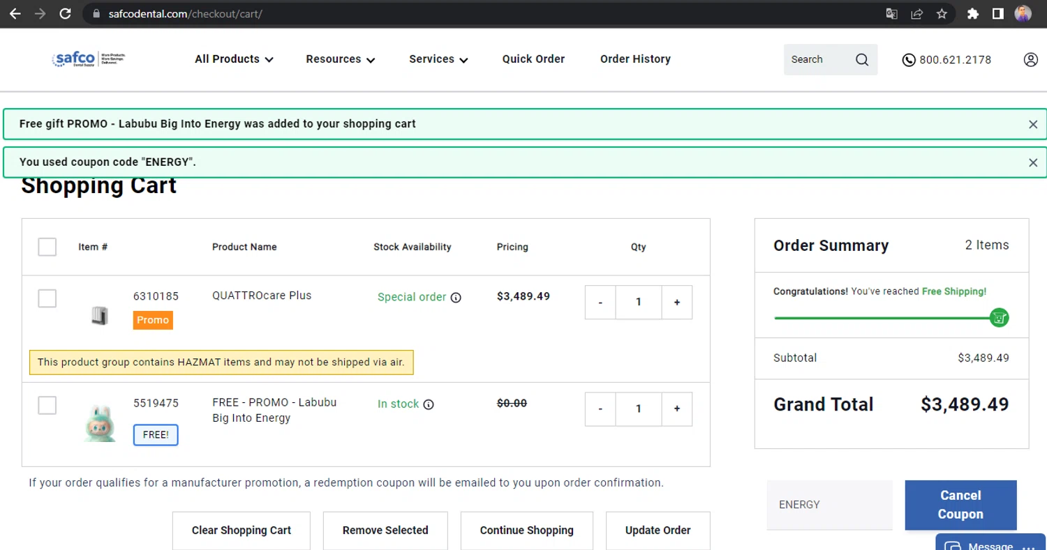 Safco Dental Supply promo code screenshot showing code ENERGY applied at Safco Dental Supply checkout page. Uploaded by SimplyCodes community member HUNTER1406 on Oct 3, 2025