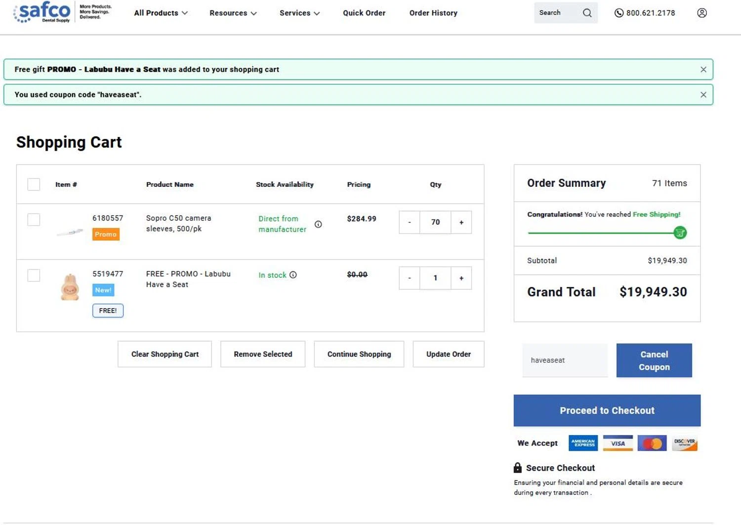 Safco Dental Supply promo code screenshot showing code haveaseat applied at Safco Dental Supply checkout page. Uploaded by SimplyCodes community member stygian1 on Nov 19, 2025
