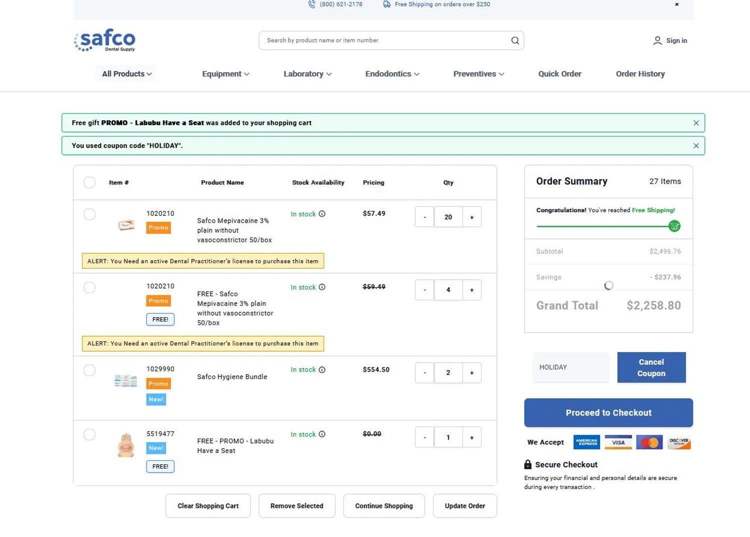Safco Dental Supply promo code screenshot showing code HOLIDAY applied at Safco Dental Supply checkout page. Uploaded by SimplyCodes community member stygian1 on Dec 9, 2025