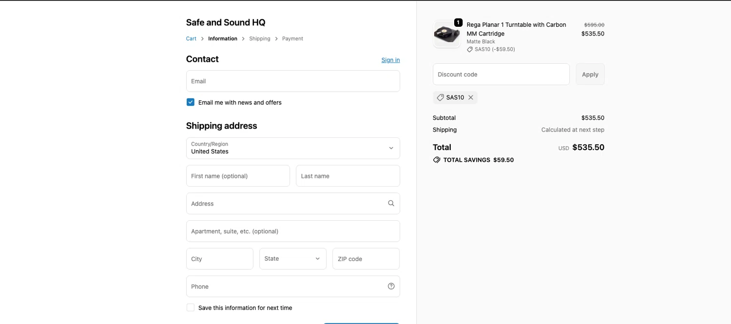 Safe and Sound HQ discount code screenshot showing code SAS10 applied at Safe and Sound HQ checkout page. Uploaded by SimplyCodes community member ELOIN777 on Dec 22, 2025