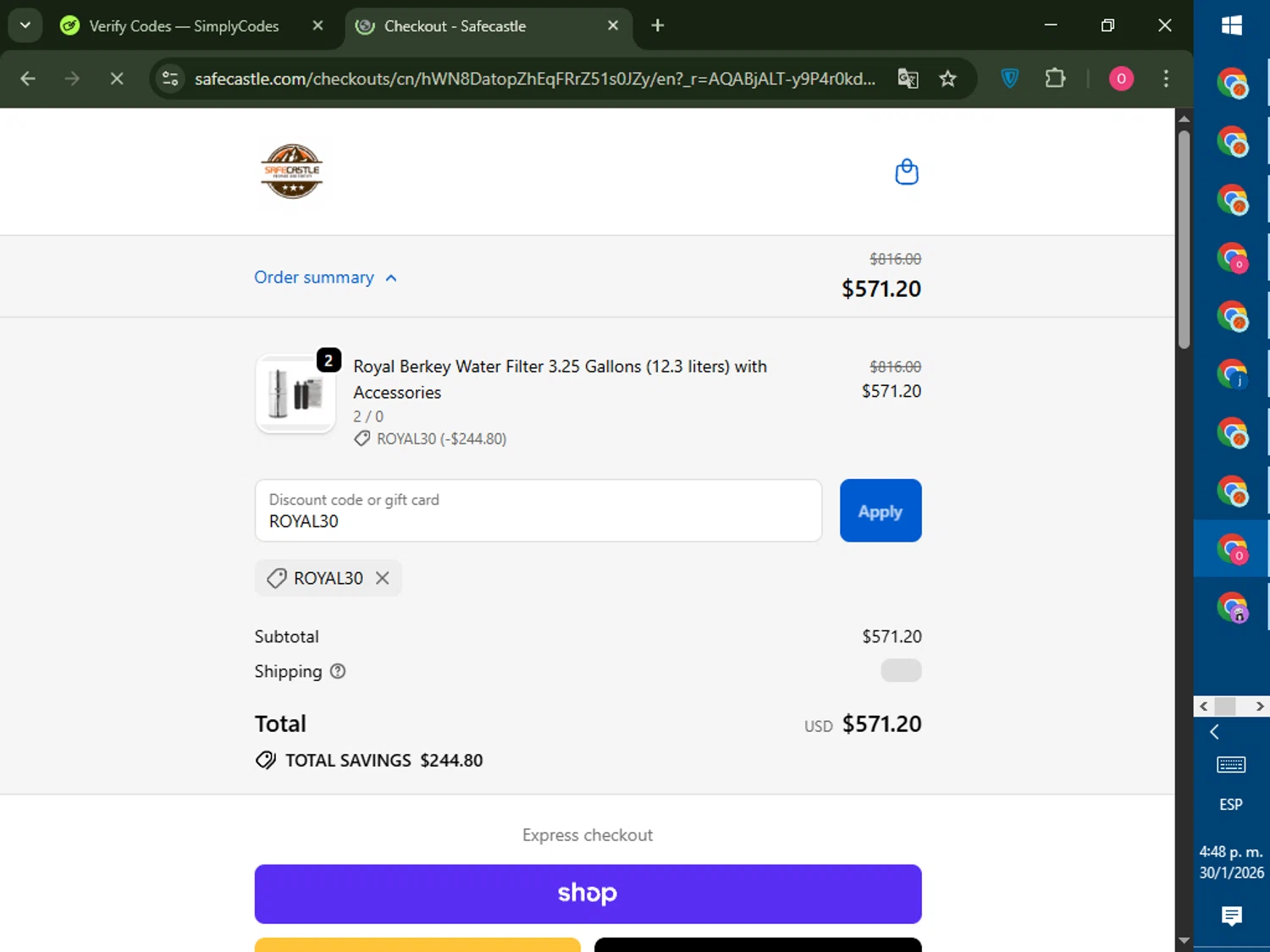 Safecastle promo code screenshot showing code ROYAL30 applied at Safecastle checkout page. Uploaded by SimplyCodes community member LegendaryRanger6350 on Jan 30, 2026