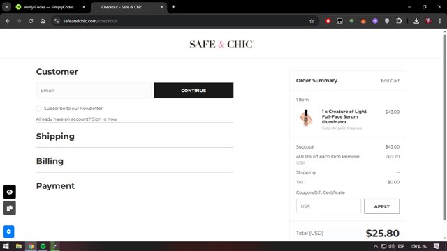 Safe & Chic checkout page showing Safe & Chic coupon code box | Screenshot taken by SimplyCodes community member on Jul 23, 2025