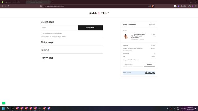 Safe & Chic checkout page showing Safe & Chic coupon code box | Screenshot taken by SimplyCodes community member on Jul 31, 2025