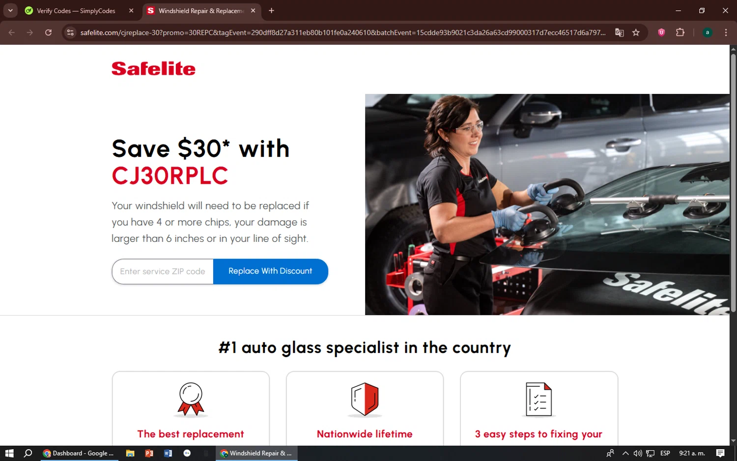 Safelite promo code screenshot showing code CJ30RPLC applied at Safelite checkout page. Uploaded by SimplyCodes community member zizu55 on Aug 14, 2025
