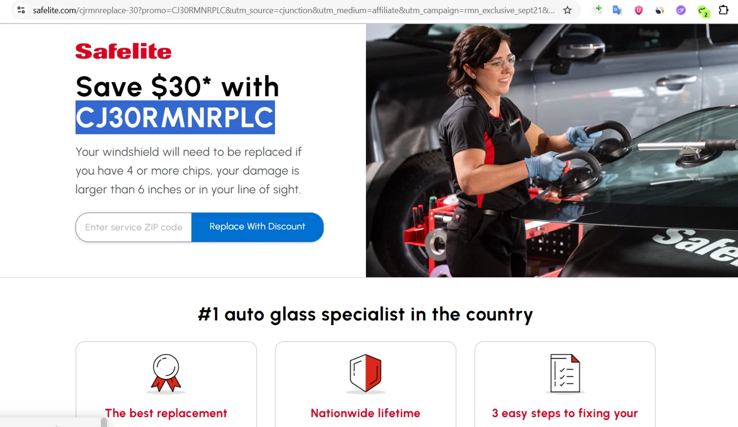 Safelite promo code screenshot showing code CJ30RMNRPLC applied at Safelite checkout page. Uploaded by SimplyCodes community member jade5416625024720 on Jun 30, 2025