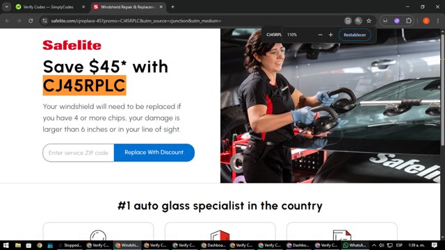 Safelite checkout page showing Safelite promo code box | Screenshot taken by SimplyCodes community member on Aug 8, 2025