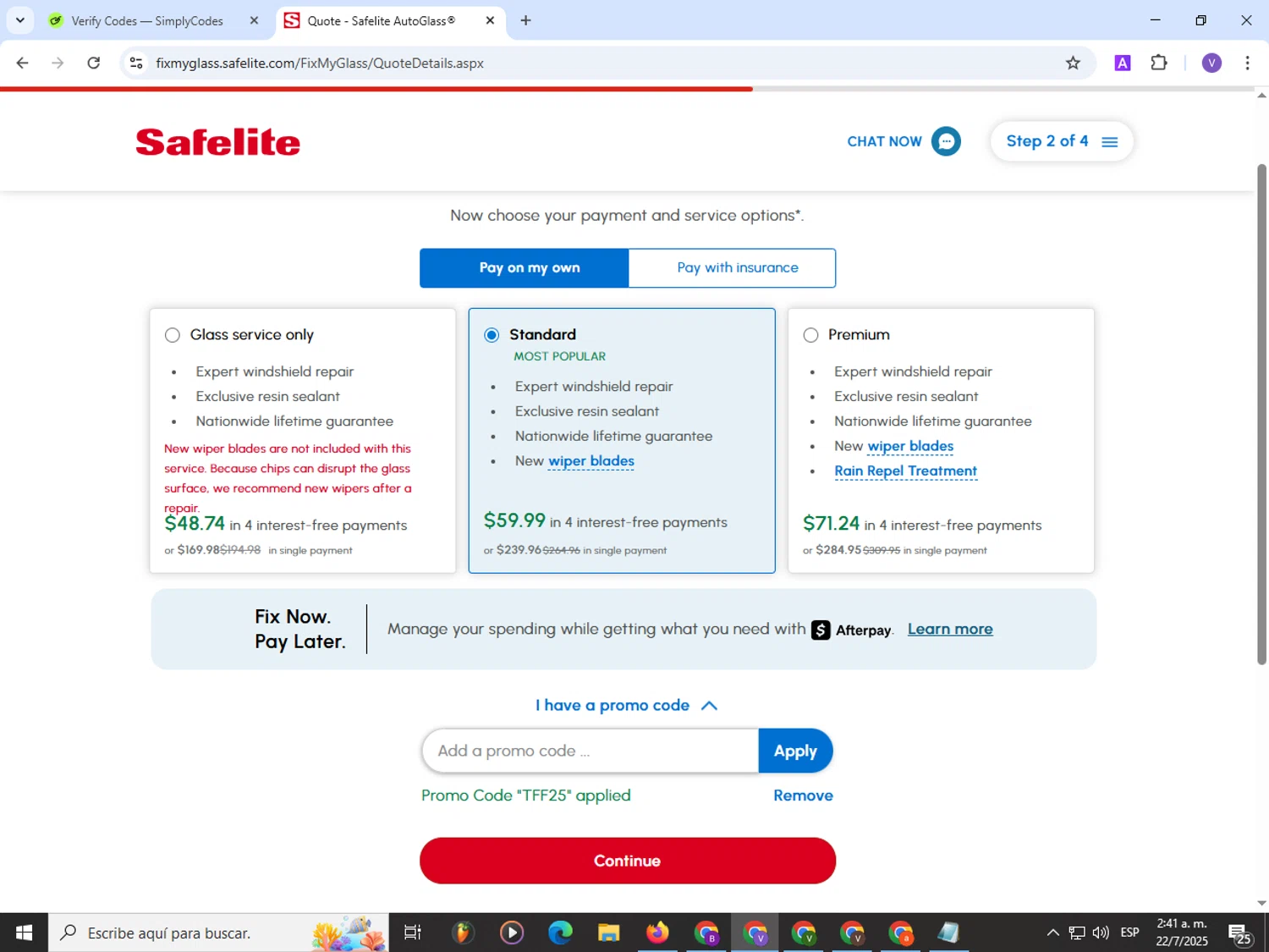 Safelite promo code screenshot showing code TFF25 applied at Safelite checkout page. Uploaded by SimplyCodes community member Satoru_gojo on Jul 22, 2025