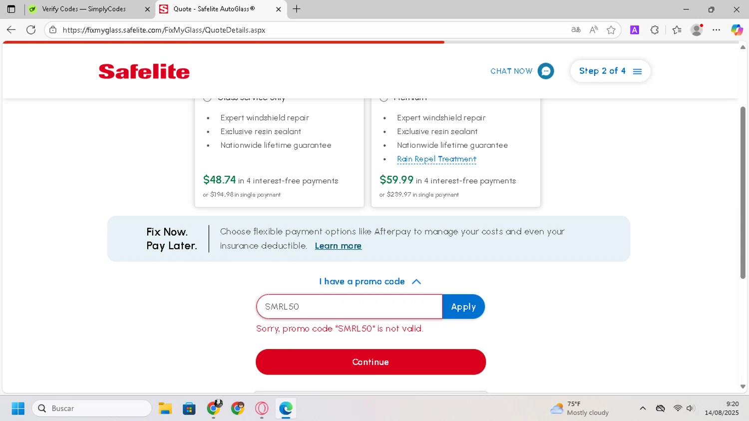 Safelite promo code screenshot showing code SMRL50 applied at Safelite checkout page. Uploaded by SimplyCodes community member SilverVirtuoso7221 on Aug 14, 2025