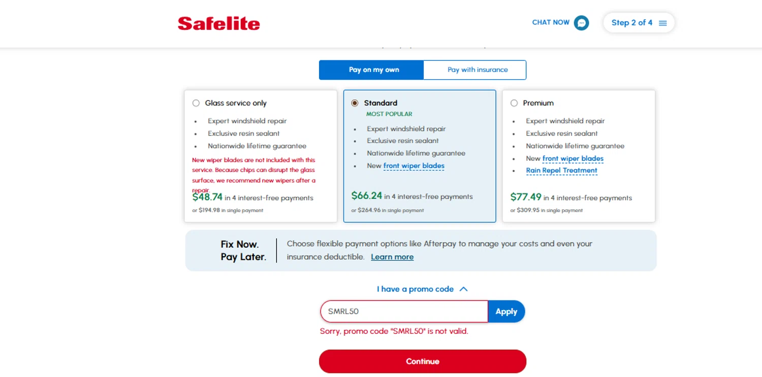 Safelite promo code screenshot showing code SMRL50 applied at Safelite checkout page. Uploaded by SimplyCodes community member alfock22 on Aug 14, 2025