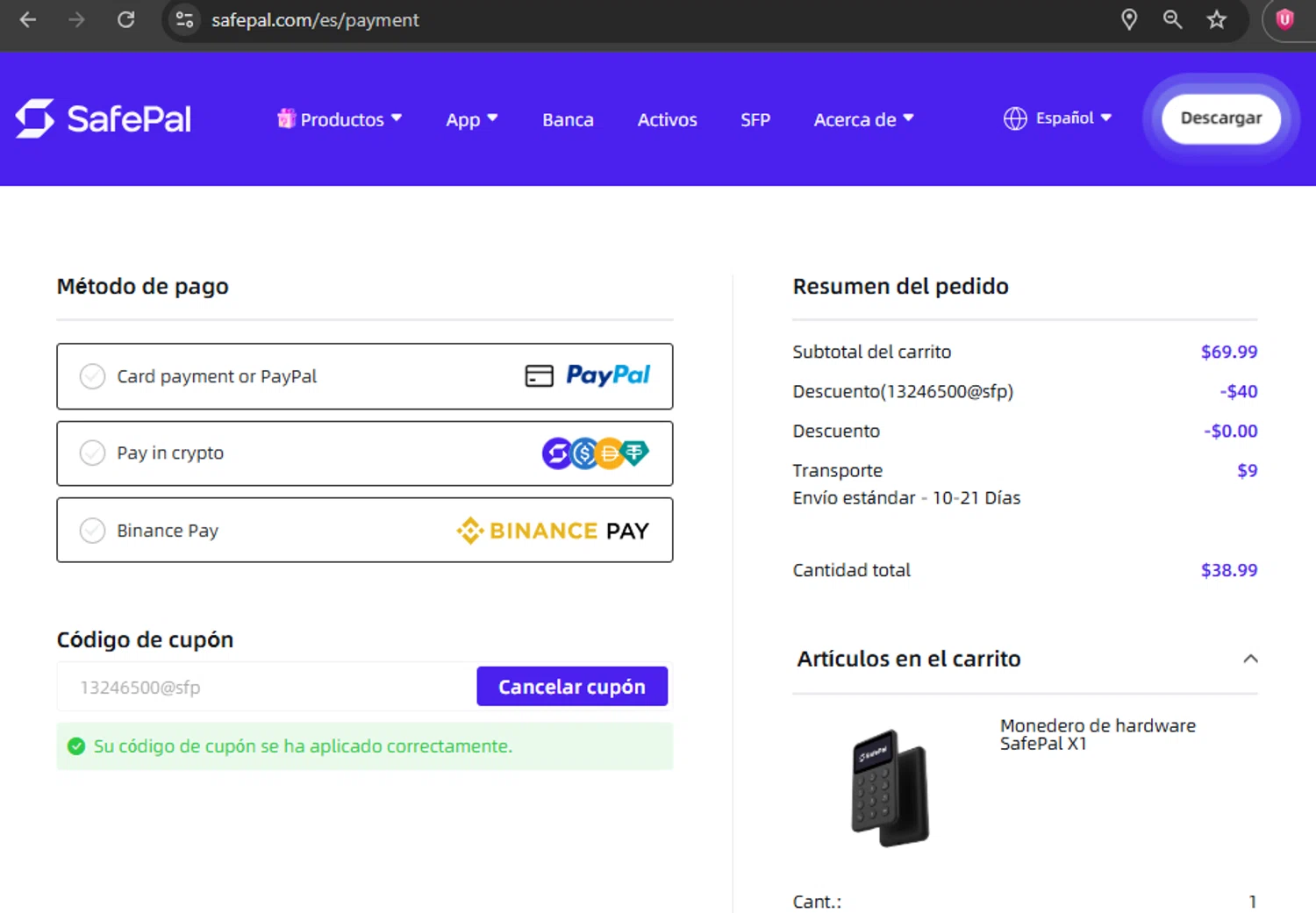 Safepal promo code screenshot showing code 13246500@sfp applied at Safepal checkout page. Uploaded by SimplyCodes community member ExtraordinarySleuth3936 on Dec 28, 2025