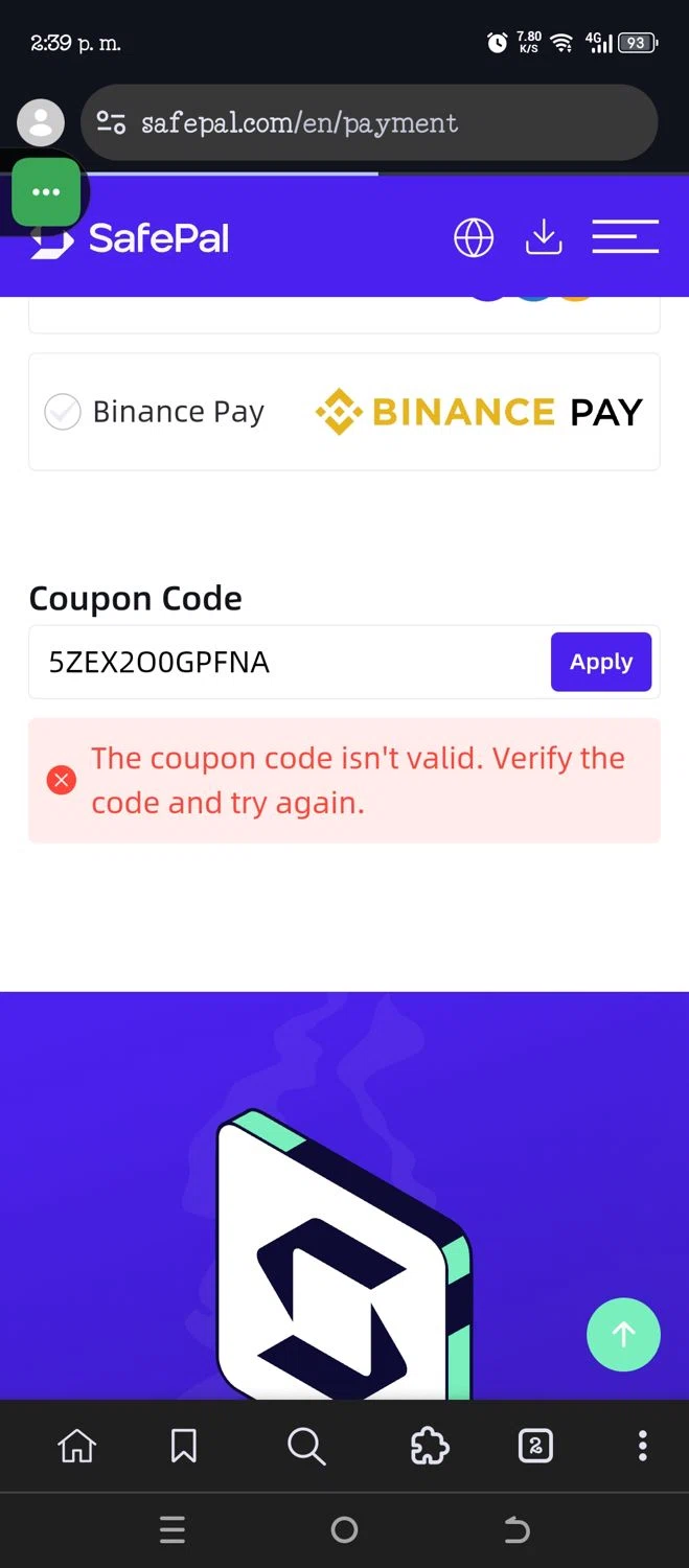 Safepal promo code screenshot showing code 5ZEX2O0GPFNA applied at Safepal checkout page. Uploaded by SimplyCodes community member CashSaver3941 on Jul 21, 2025
