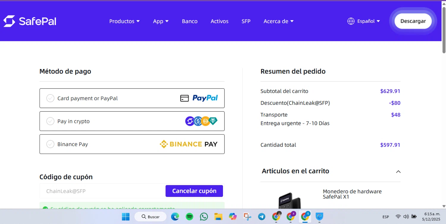 Safepal promo code screenshot showing code ChainLeak@SFP applied at Safepal checkout page. Uploaded by SimplyCodes community member FrugalVirtuoso6318 on Dec 5, 2025