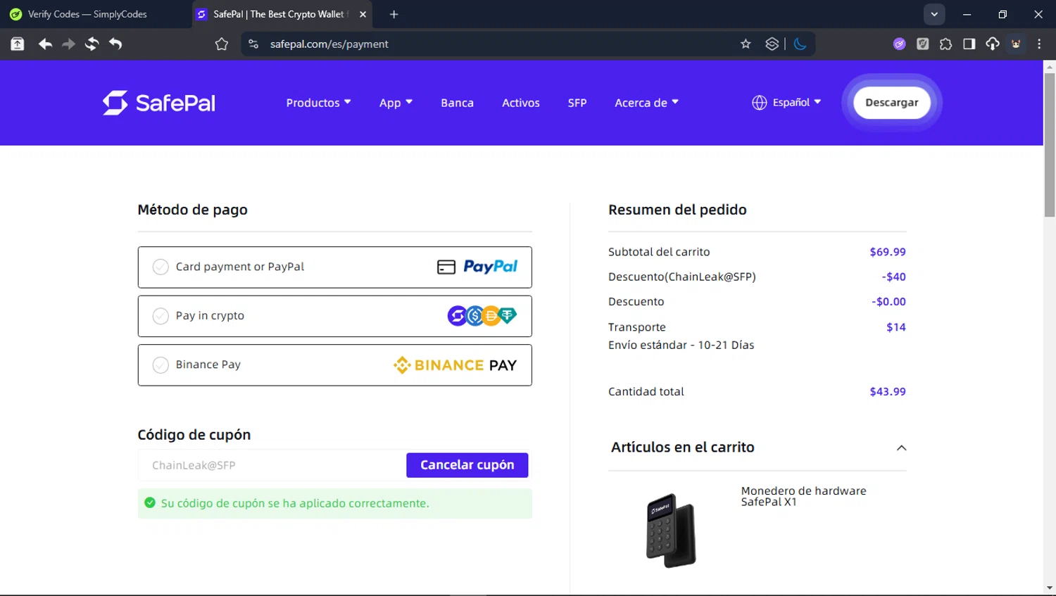 Safepal promo code screenshot showing code ChainLeak@SFP applied at Safepal checkout page. Uploaded by SimplyCodes community member Userr2 on Feb 10, 2026