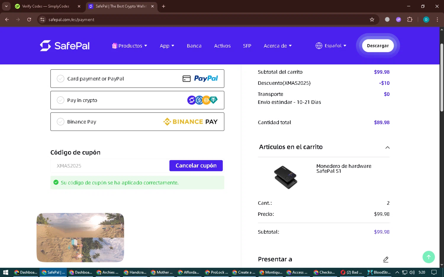 Safepal promo code screenshot showing code XMAS2025 applied at Safepal checkout page. Uploaded by SimplyCodes community member BonusPilot3825 on Dec 28, 2025